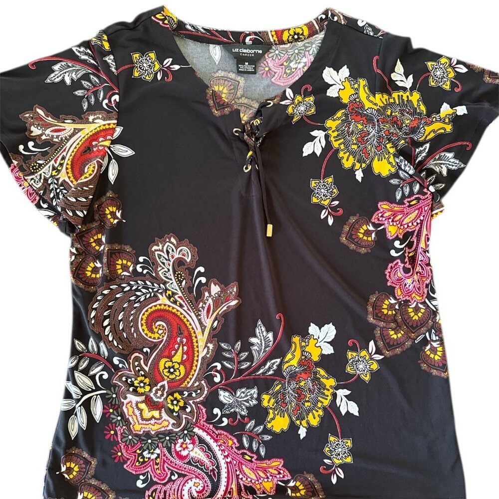 🔥 4 for $20 DEAL 🔥  Liz Claiborne Career Floral Paisley Lace-Up Blouse (M)